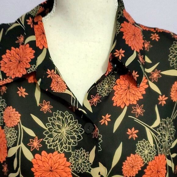 Studio C Vintage Black & Orange Floral Long Sleeve Button Down Casual Top 18/20 - Picture 2 of 11